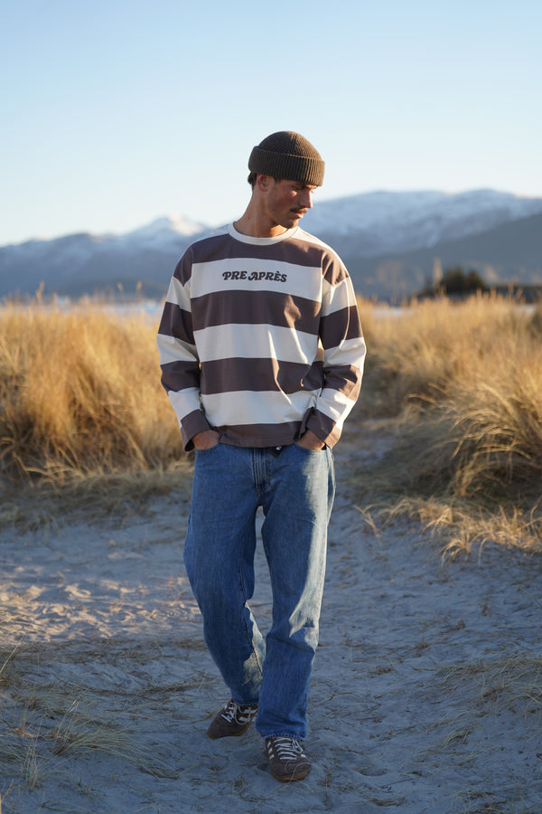 Pre Apres Distressed Striped Long Sleeve, Brown/White