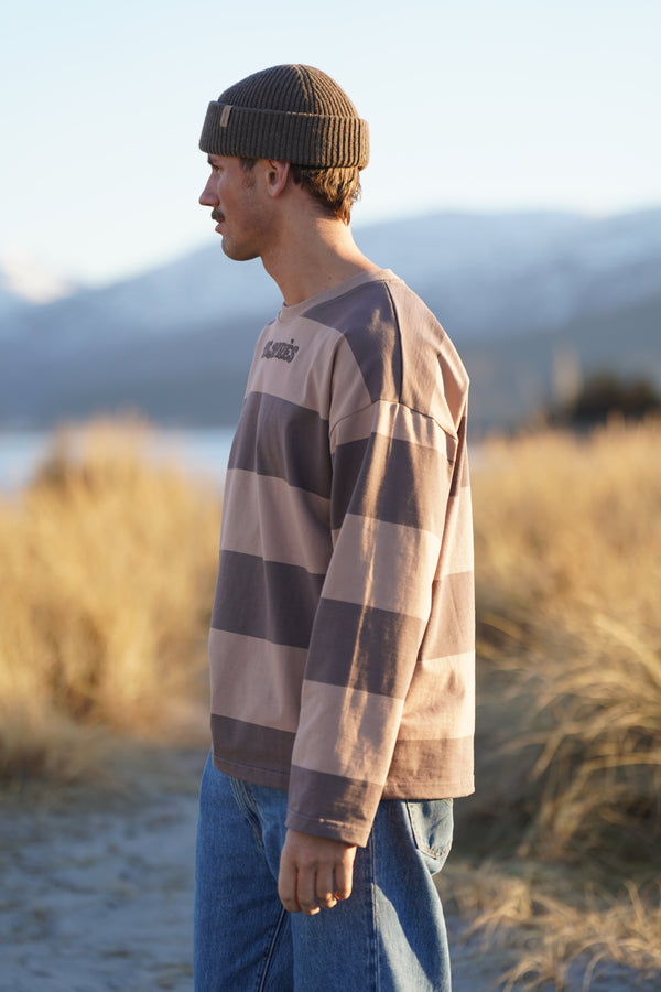 Pre Apres Distressed Striped Long Sleeve, Brown/Brown