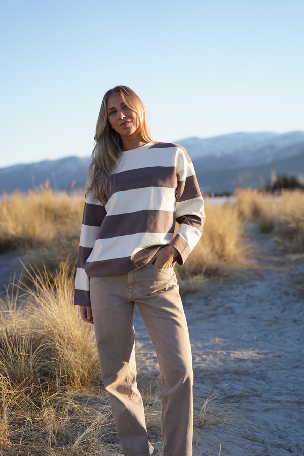 Pre Apres Distressed Striped Long Sleeve, Brown/White